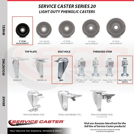 Service Caster 3 Inch SS Phenolic Wheel Swivel 10mm Threaded Stem Caster Brakes SCC, 2PK SCC-SSTS20S314-PHS-M1015-2-TLB-2